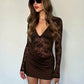 Women Deep V Neck Long Sleeve Sexy Mini Dress Lace Spliced Draped Ruched Bodycon Dress Night Club Party Evening Dresses