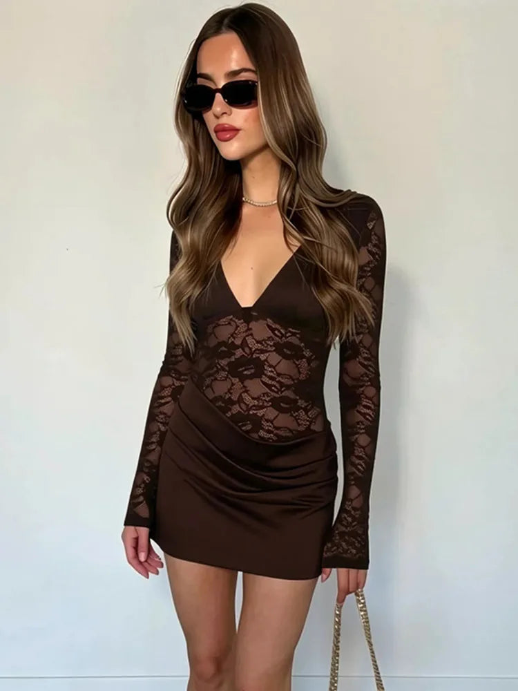 Women Deep V Neck Long Sleeve Sexy Mini Dress Lace Spliced Draped Ruched Bodycon Dress Night Club Party Evening Dresses