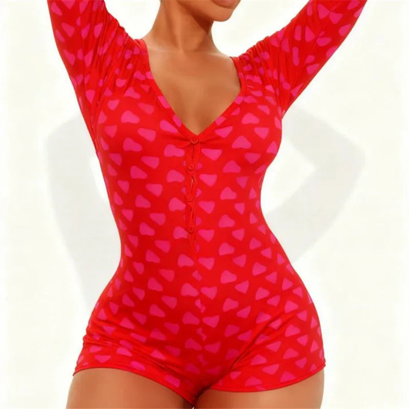 Women Sexy Bodycon Deep V Neck Trapdoor Fashion Heart Printed Long Sleeve Butt Flap Romper Valentines Pajama Playsuit