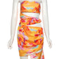 Colorful Print Strapless Dress Women Thin Irregular Multilayer Mesh Side Knot Hollow Beach Vacation Club Mini Bodycon