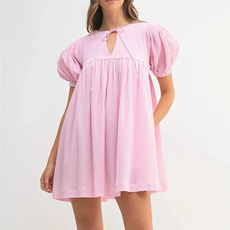 Summer Cute Gingham Babydoll Dress Ladies Round Neck Front Drawstring Bubble Sleeve Loose Flowy Short Dress Vacation