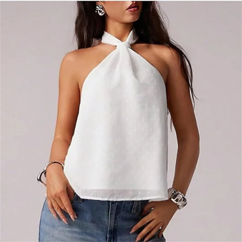 Summer Women Halter Neck Sleeveless Tank Sexy Open Back Tie Knot Backless Top Vest Elegant Swiss Dot Casual Streetwear