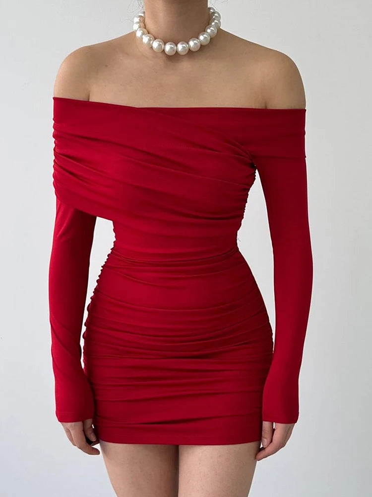 Fashion Classic Dress Women Christmas Slash Neck Full Sleeve Cross Ruched High Stretch Elegant Peach Hip Party Clubwear