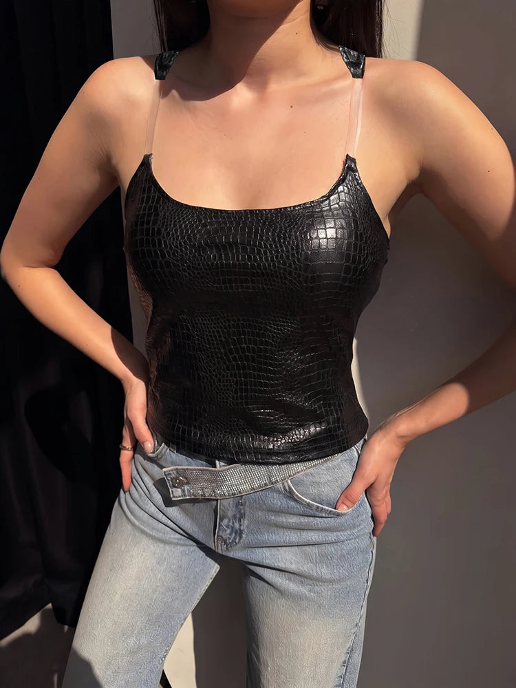 Snake Leather Tank Top Women Sexy Hottie Low-Neck Fashion Trend Midnight Party Club Streetwear Music Festival Vest