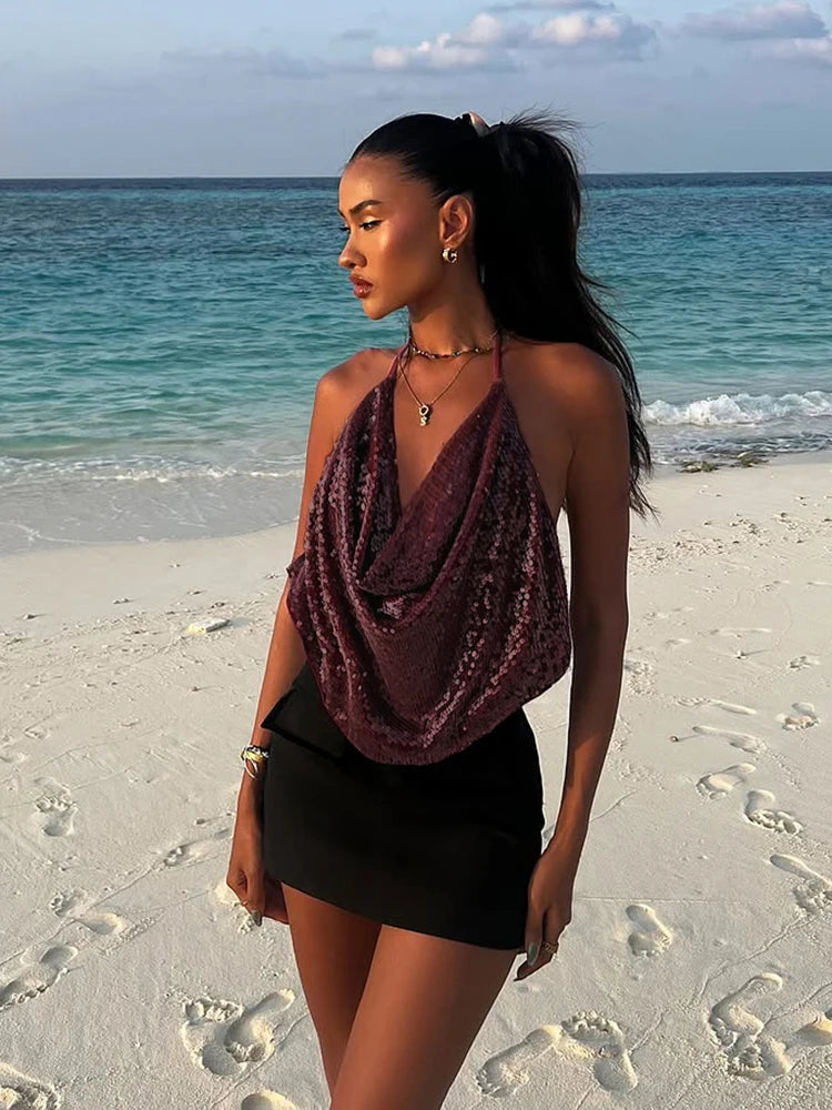 Y2K Sequins Sexy Camisole Women Backless Swing Collar Glitter Beach Vacation Wild Midnight Club Summer Trend Vest