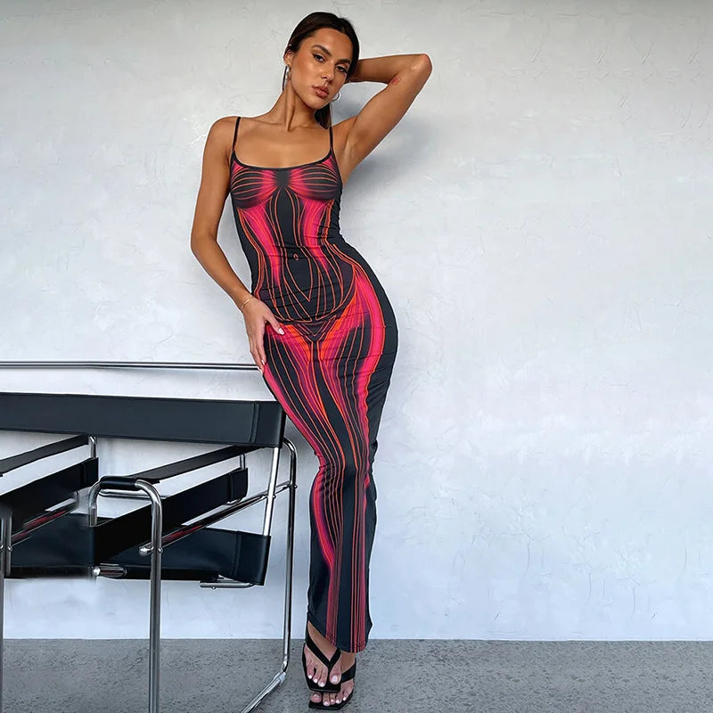 Sexy 3d Body Printed Summer Dresses for Women 2024 Elegant Spaghetti Strap Bodycon Long Dress Club Wear