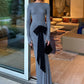 Long Sleeve Ruched Bow Sexy Maxi Dress For Women Autumn Fashion Patchwork O Neck Bodycon Club Party Long Dresses Female