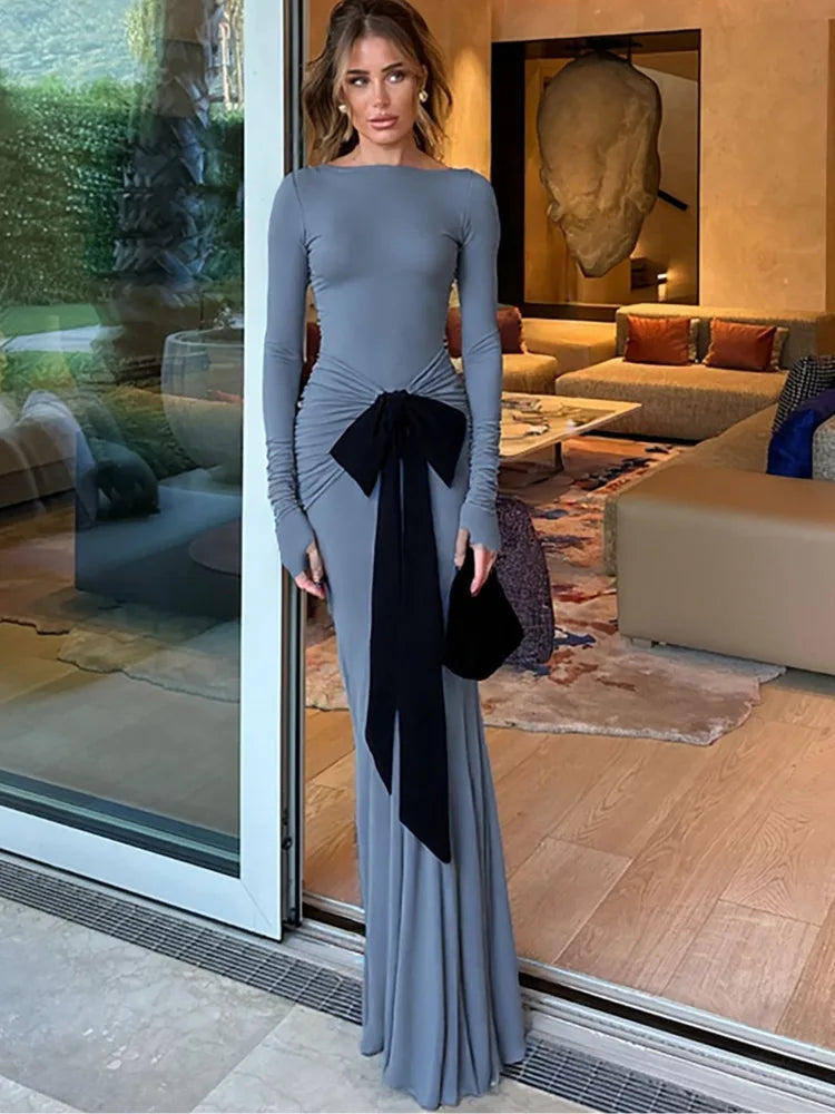 Long Sleeve Ruched Bow Sexy Maxi Dress For Women Autumn Fashion Patchwork O Neck Bodycon Club Party Long Dresses Female