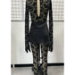 Lace Hollow Button Jumpsuits Women Long Sleeve Gloves Bow Metal Trim Button See Through Midnight Sexy Skinny Overalls