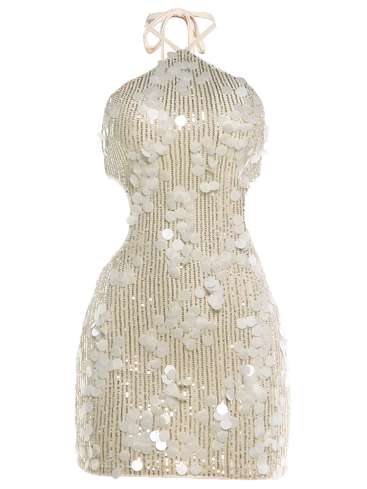 Sequins Patchwork Dress Woman Summer Trend Bandage Halter Off Shoulder Backless Midnight Club Party Sexy Mini Bodycon