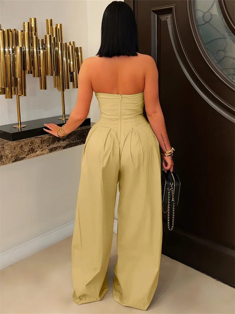 Metal Buttons Patchwork Wide-Leg Jumpsuit Women Summer Trend Strapless Zip Backless Street Fashion Classic Overalls