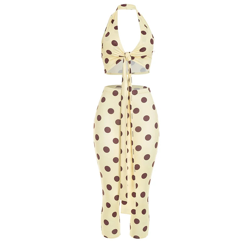 Polka Dot Print 2piece Set Women Tassel Halter v-Neck Kink Vest Elastic Waist Simple Short Midnight Sexy Fashion Suit
