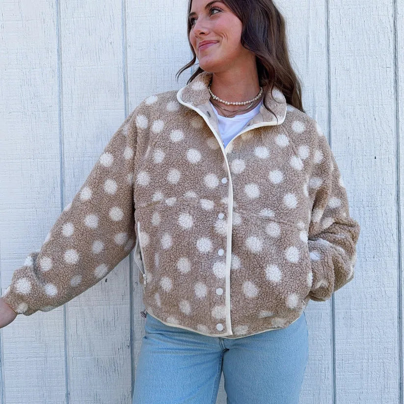 Womens Winter Warm Fleece Jacket Y2K Streetwear Polka Dot Pattern Long Sleeve Lapel Button Down Sherpa Coat Outerwear