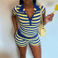 Women Y2K Striped Matching Two Piece Set Contrast Pink Lapel Neck Crop Top Fold Waist Biker Shorts Casual Preppy Suit