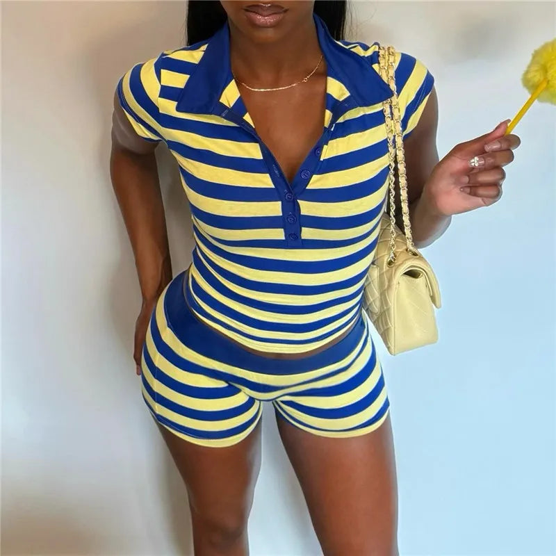 Women Y2K Striped Matching Two Piece Set Contrast Pink Lapel Neck Crop Top Fold Waist Biker Shorts Casual Preppy Suit