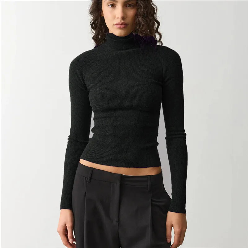Elegant Turtleneck Rib Knit Cropped Sweater Women Long Sleeve Slim Basic Knit Top Solid Slim Short Pullover Fall Winter