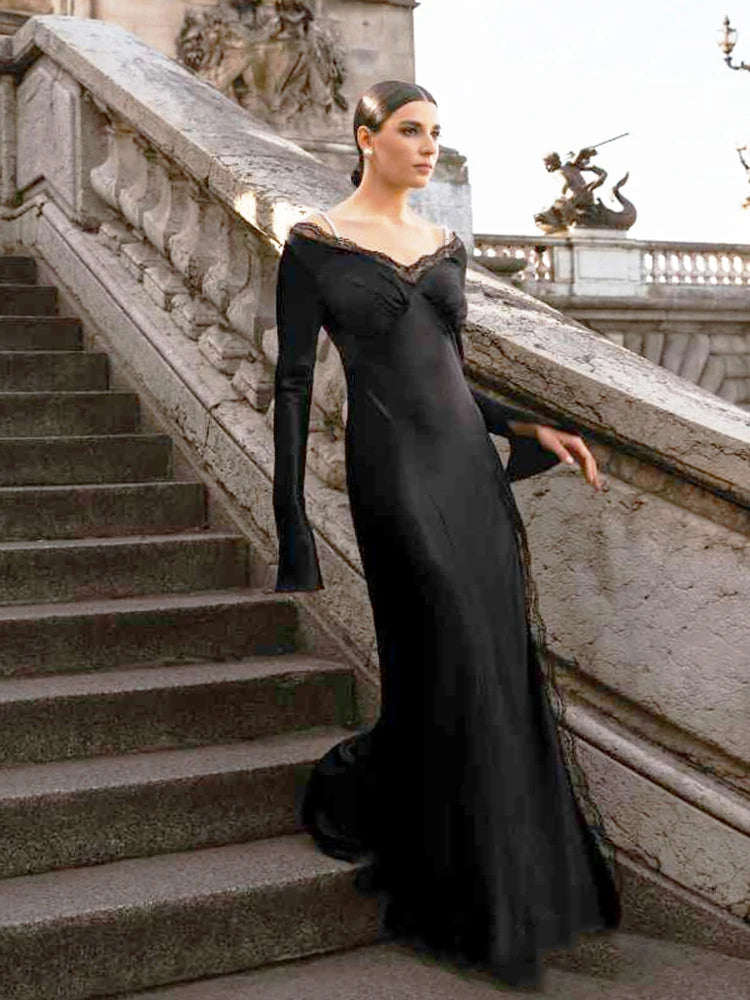 Backless Smooth Maxi Dress Women High Side Slit Patchwork Lace Bow Decoration Bandage Elegant Banquet Vacation Vestidos