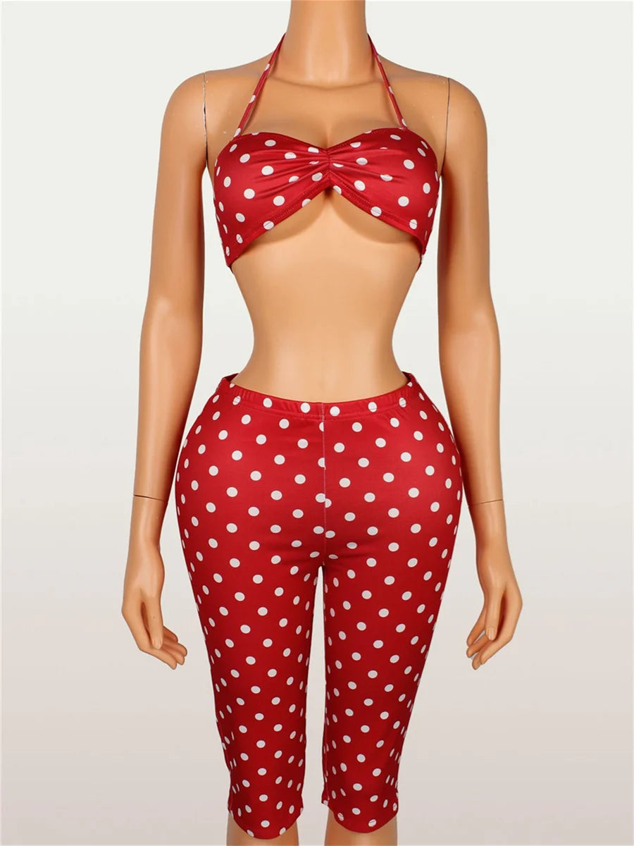 Wild Vacation 2 Piece Set Women Polka Dot Print Halter Tank Tops+Bike Shorts Stretch Matching Street Party Outfits