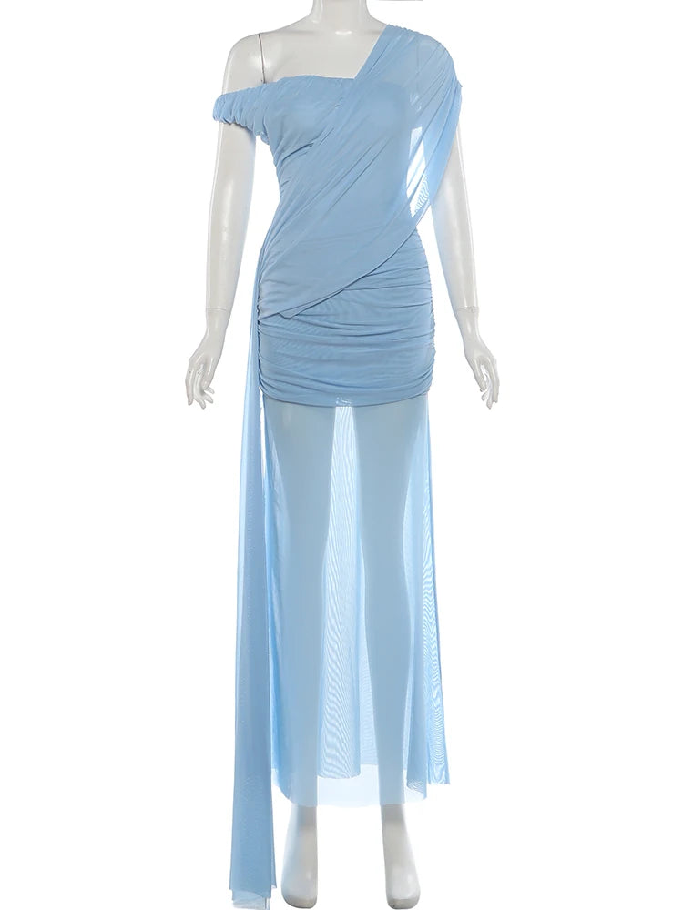 Irregular Collar Maxi Dress Women See Through Hem Folds Tassel  Skinny Birthday Party Summer Fashion Classic Vestidos