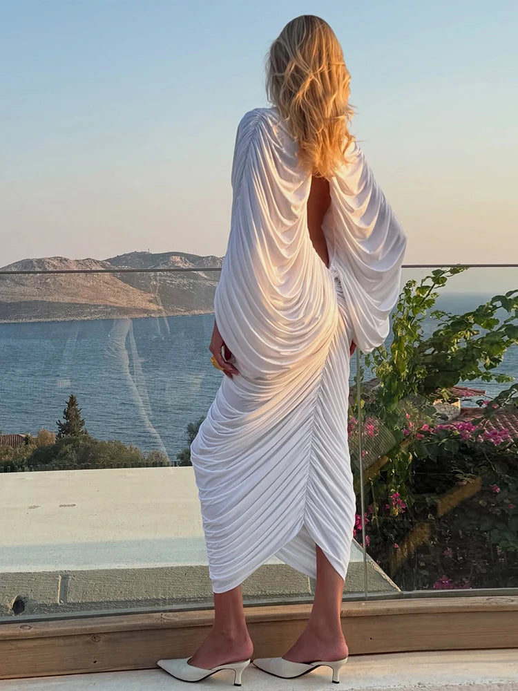 Hollow Ruched Patchwork Dress Peach Buttocks Bat Sleeves Chic Hipster Autumn Hipster Clubwear Skinny Stretch Vestidos