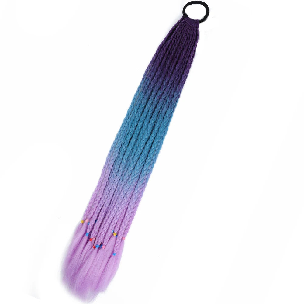 Synthetic 24inch Girls Colored Box Braided Ponytail With Elastic Rubber Band Hair Extensions Rainbow Color Box Pigtail Hairpiece
