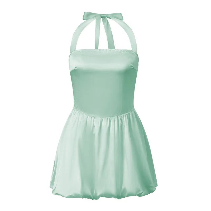 Women's Satin Halter Neck Mini Dress Tie Back Bow Bubble Skirt A-Line Sleeveless Bodycon Party Clubwear Cocktail Dress