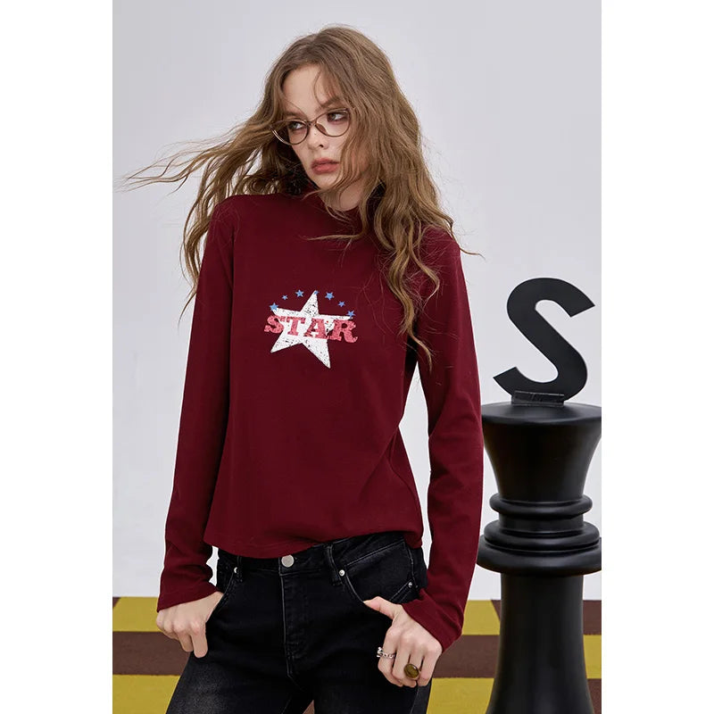 2025 Winter New Arrivals Y2K Slim Fit Half Neck Graphic Long Sleeve T-shirt For Woman