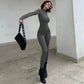 Zipper Long Sleeve Sport Jumpsuit Ribbed-knit Black Grey One Piece Jumpsuits Sexy Winter Outfits Woman