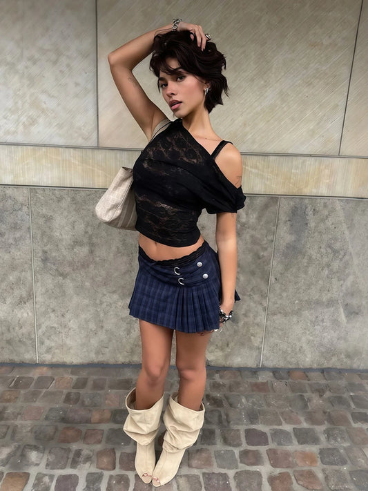Sexy Off Shoulder Crop Tops Woman Summer Trend Lace Patchwork Skew Collar Shape Waist High Street Fashion Style Tees
