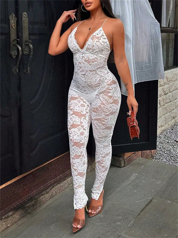 See Through Jumpsuit Women Backless v-Neck Sleeveless Flower Lace Slim Sexy Midnight Summer Hottie Fashion Outfit