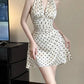Halter Backless Dress Women Sexy V-Neck Folds Sleeveless Polka Dot Print Skinny Summer Trend Elegant Party Bodycon