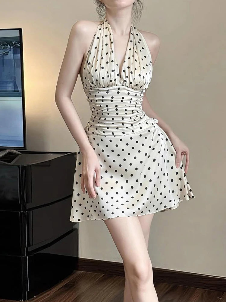 Halter Backless Dress Women Sexy V-Neck Folds Sleeveless Polka Dot Print Skinny Summer Trend Elegant Party Bodycon