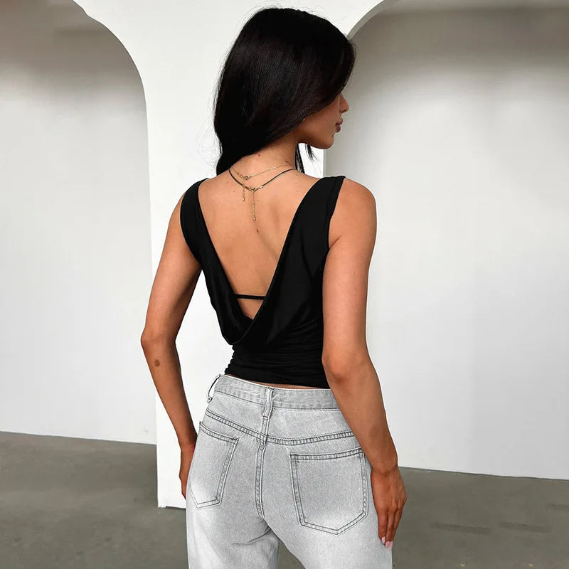 Cowl Neck Backless Tank Tops Summer 2025 Woman Clothing Fashion Sexy Sleeveless T Shirts Black
