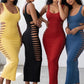 Fashion Hollow Dress Women Trend Elegant Patchwork Backless Sleeveless Stretch Sexy Evening Party Club Long Bodycon