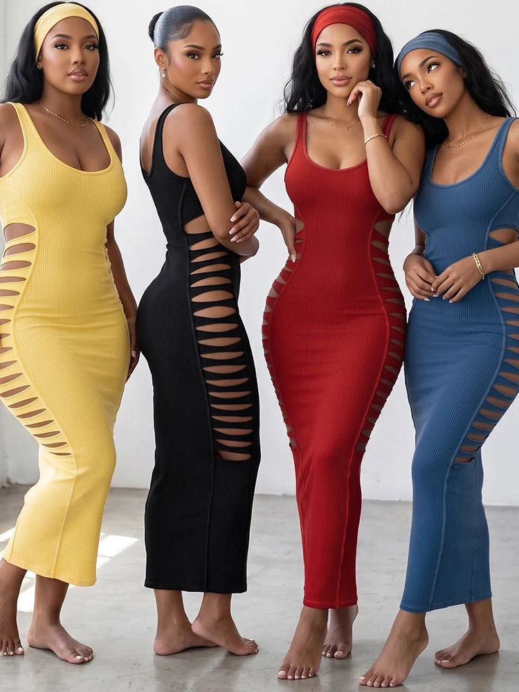 Fashion Hollow Dress Women Trend Elegant Patchwork Backless Sleeveless Stretch Sexy Evening Party Club Long Bodycon
