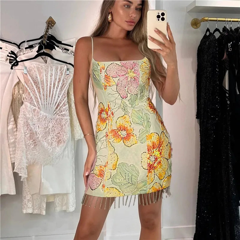 Women Sequin Floral Print Cami Mini Dress Sexy Spaghetti Strap Rhinestone Tassel Bodycon Dress Summer Party Clubwear