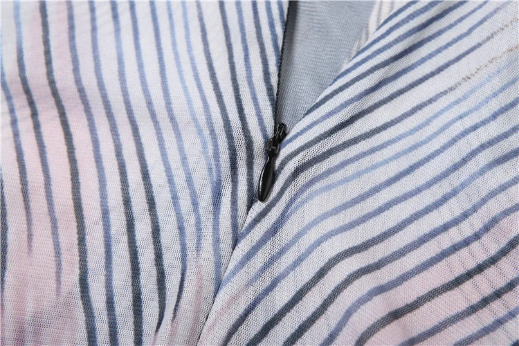 Striped Patchwork 2 Piece Set Women o-Neck Short Sleeve Skinny Playsuits+Mesh Long Pants Club Wild Style Trend Suits