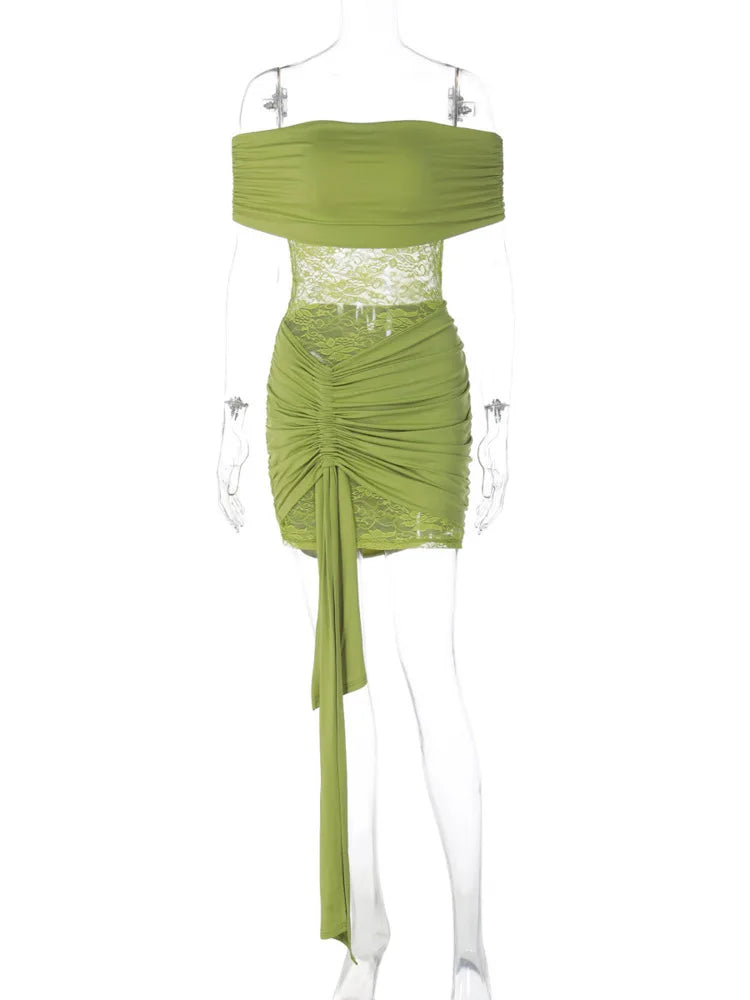 Off-shoulder Strapless Sexy Mini Dress Women Elegant Lace Patchwork Sleeveless Backless Draped Ruched Club Party Dress