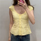 Womens Summer Button Down Blouses Shirt Stylish Vertical Pleats Slim Fit Scoop Neck Cap Sleeve Tops Y2K Fairy Streetwear