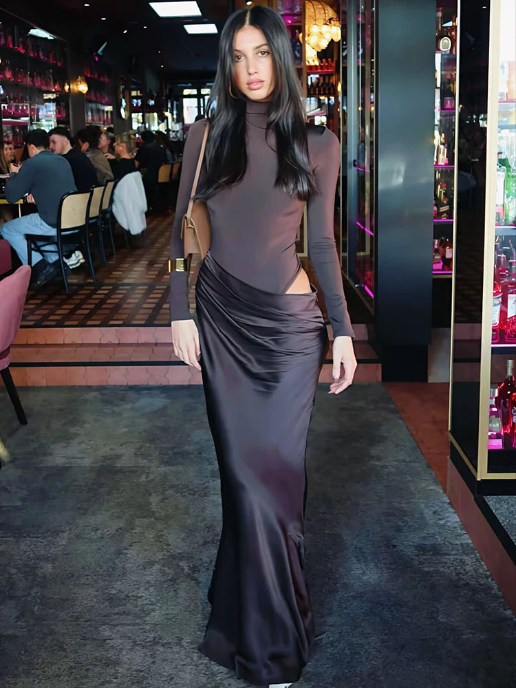 Autumn Long Sleeve Sexy Maxi Dress Women Fashion Hollow Out Turtleneck Ruched Bodycon Club Party Long Dresses Female