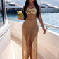 Sequin Knit Maxi Dress Women Hollow Long Tassel Halter Bandgae Low-Neck See Through Sleeveless Backless Vestidos