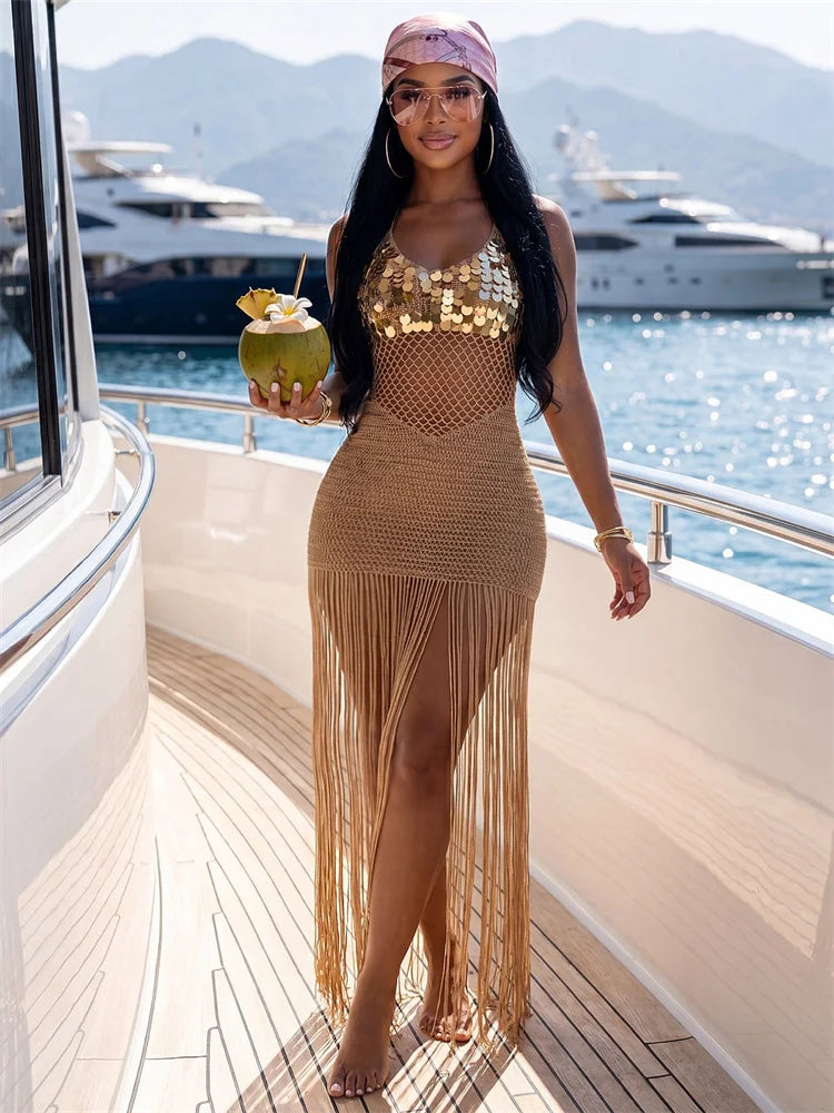Sequin Knit Maxi Dress Women Hollow Long Tassel Halter Bandgae Low-Neck See Through Sleeveless Backless Vestidos