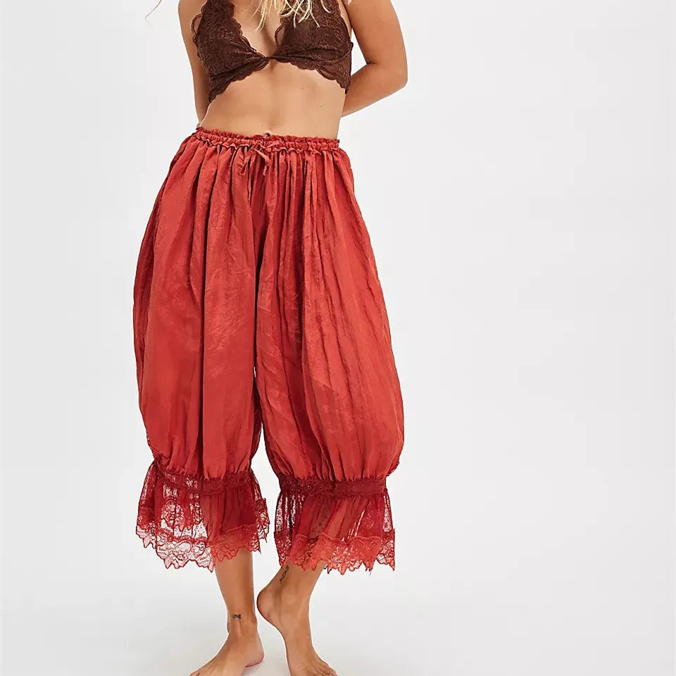 Women Y2K Lace Trim Pants Vintage Pettipants Long Bloomers Pants Under Dress Pantaloons Cute Ruffle Pumpkin Pants