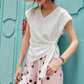 Solid Wrap T-Shirt, Side Knot V-Neck Top, Casual Cap Sleeve Cropped Tee for Women