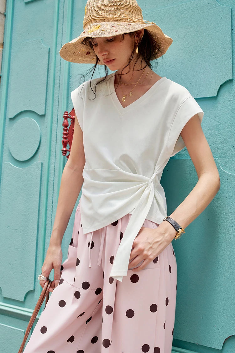 Solid Wrap T-Shirt, Side Knot V-Neck Top, Casual Cap Sleeve Cropped Tee for Women