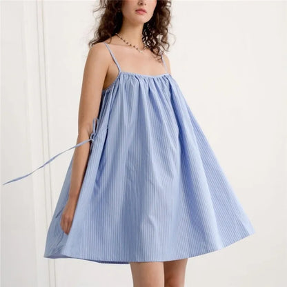 Women's Mini Cami Dress Stylish Sleeveless Spaghetti Strap Dress White with Black Circles Print Summer Beach Sun Dress