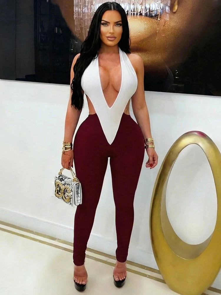 Sexy Halter Jumpsuit Women Summer V-Neck Backless Patchwork Peach-Shaped Butt Elastic Tight Birthday Party Overalls
