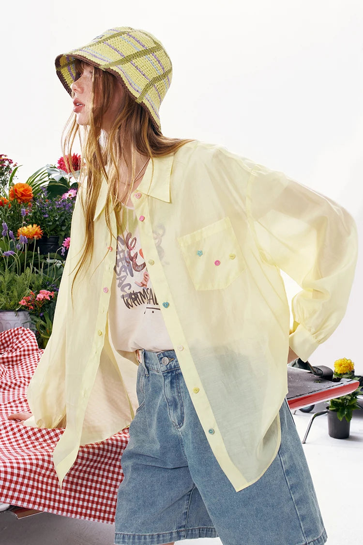 Women's Sweet Oversized Chiffon Shirt, Colorful Buttons Cake Detail Blouse, Casual Versatile Long Sleeve Top