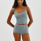 Women 2 Piece Cotton Lounge Set Long Sleeve/Spaghetti Strap Ribbed Knit Crop Top Bodycon Shorts Solid Pajama Sleepwear