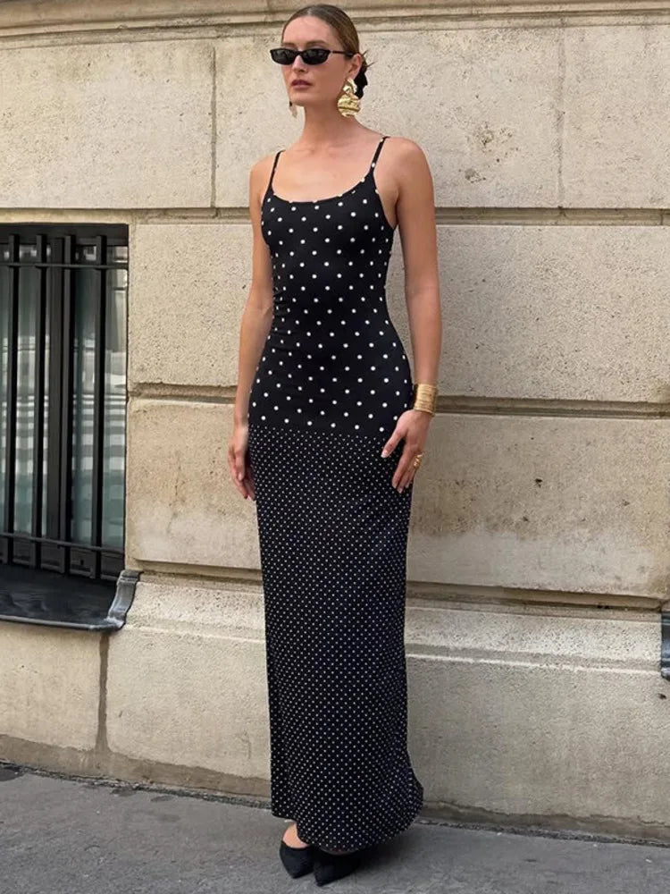 Spaghetti Strap Polka Dot Sexy Maxi Dress Women Gown Elegant Sleeveless Backless Bodycon Club Party Long Dresses Female